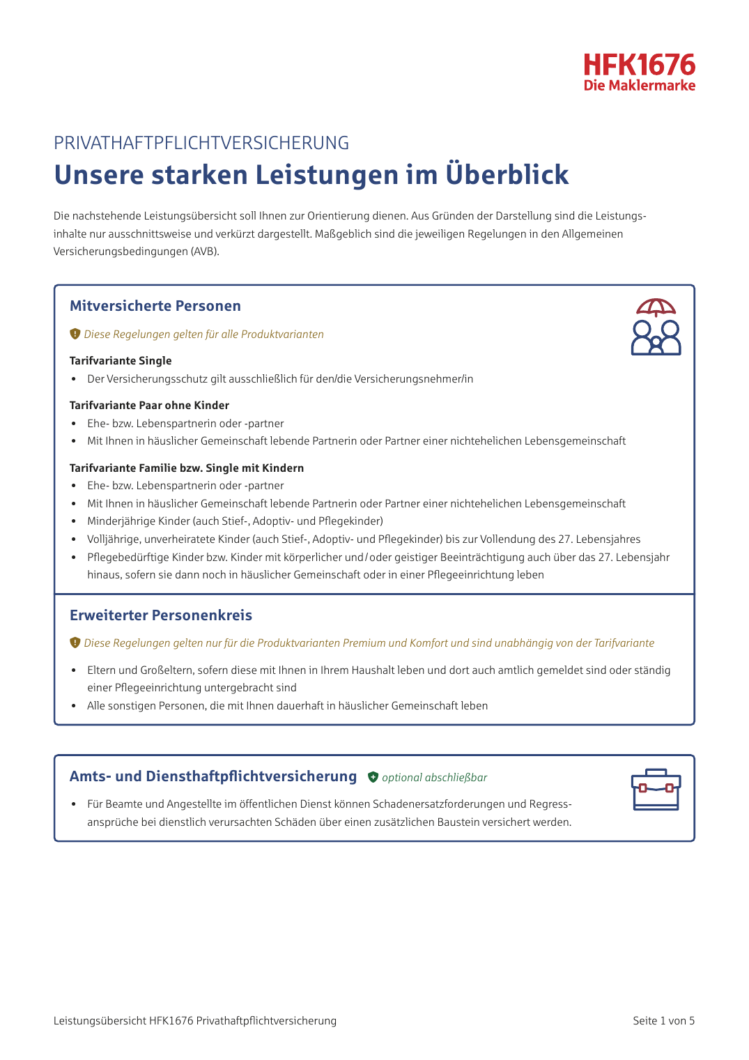 Vorschau HFK1676 Privathaftpflicht Leistungsübersicht